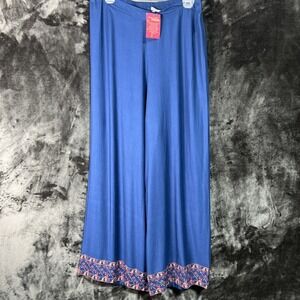 NWT 2Bme Phulkari Dreams Blue Wide Leg Palazzo Pants, Embroidered Hem